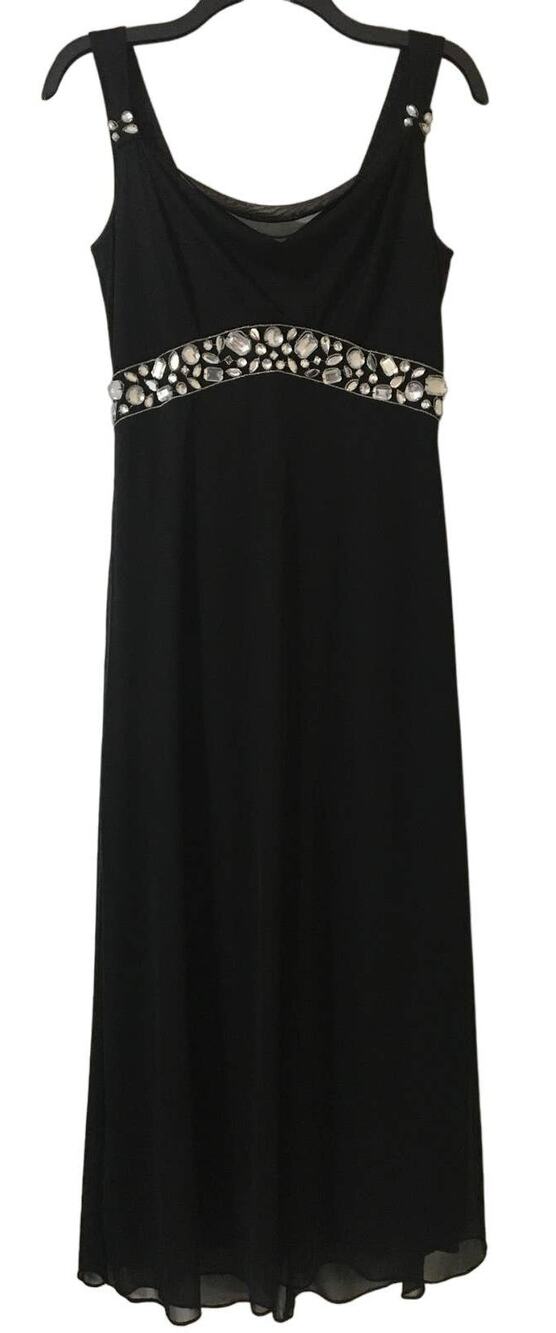 Alex Evenings 8P Black Floor Length Dress Jewels Silver Chain Embellishment